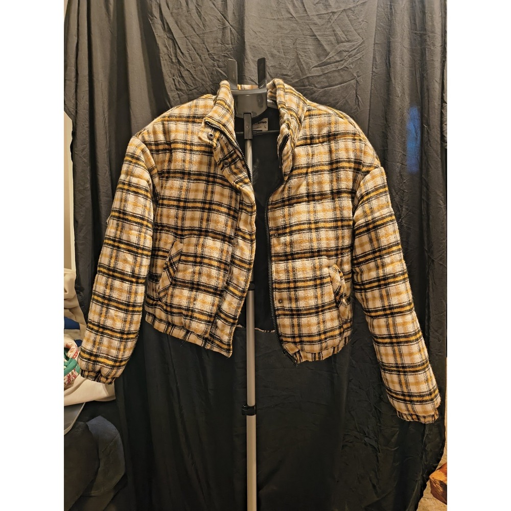 Ci Sono Large Cropped Plaid Puffer Jacket Yellow And Black